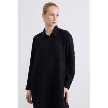 Rochie-camasa texturata cu guler clasic - Negru