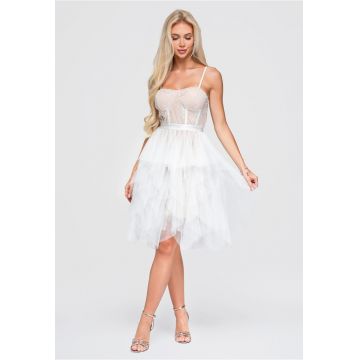 Rochie cocktail midi cu decolteu patrat - guler tip corset LA-OM-DLR398 - Alb