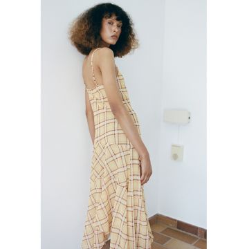 Rochie cu model in carouri si terminatie asimetrica - Portocaliu deschis/Portocaliu inchis