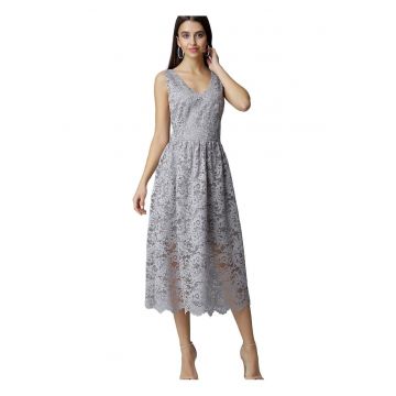 Rochie de seara  lunga din dantela - gri - fara maneci - cu decolteu elegant - captusita - poliester