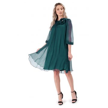 Rochie din voal de matase naturala cu brosa detasabila - Verde smarald