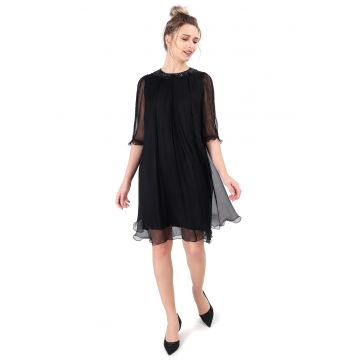 Rochie din voal de matase naturala cu guler de margele - Negru