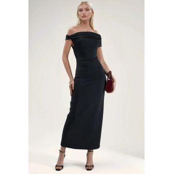 Rochie Maxi  Bodycon - Guler Asimetric - Negru - Poliester-Elastan