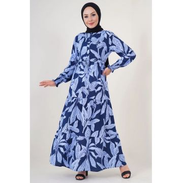Rochie maxi dama - HiCCUP - viscoza - decolteu rotund - albastru