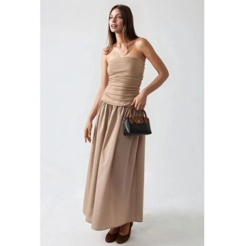 Rochie maxi -  fara bretele - maro - textil
