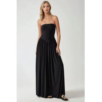 Rochie maxi  fara bretele - neagra - jerseu - cu buzunare ascunse