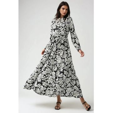 Rochie maxi -  imprimeu - cu guler camasa - negru - fabrica