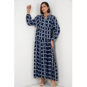 Rochie maxi  imprimeu - decolteu in V - bleumarin