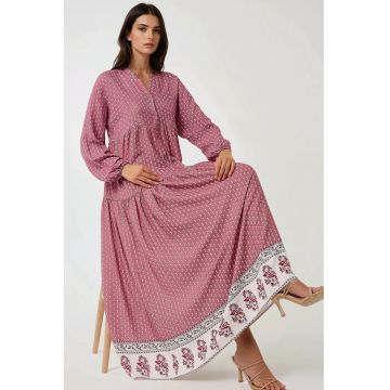 Rochie maxi -  imprimeu - decolteu in V - roz - textil