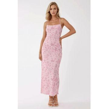 Rochie maxi -  imprimeu - decolteu patrat - roz - tul
