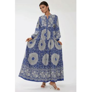 Rochie maxi  imprimeu - maneca lunga - albastra - viscoza