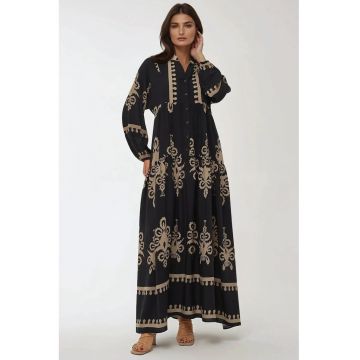 Rochie maxi  imprimeu - maneca lunga - negru - viscoza