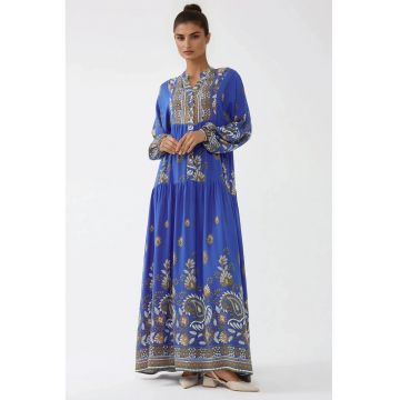 Rochie maxi  maneca lunga - albastra - viscoza