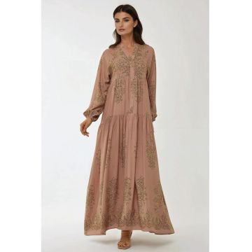 Rochie maxi -  viscon imprimat - guler camasa - maro - textil