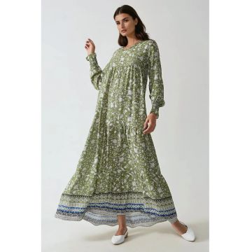 Rochie maxi -  viscoza imprimata - guler rotund - verde