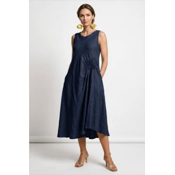 Rochie midi, asimetrica, din in, cu croiala ampla A-line si detaliu drapat, bleumarin