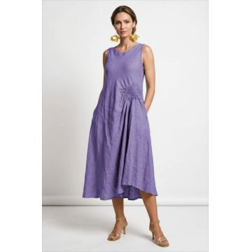 Rochie midi, asimetrica, din in, cu croiala ampla A-line si detaliu drapat, lila