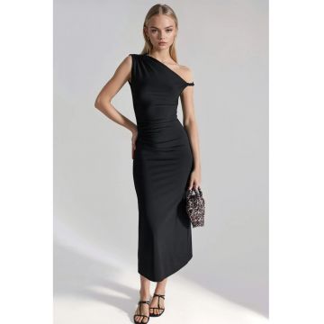 Rochie midi bodycon  guler asimetric - neagra - jerseu