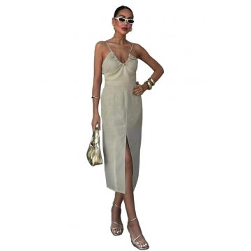 Rochie midi  cu decolteu in V si slit - Verde - bumbac - poliester - elastan