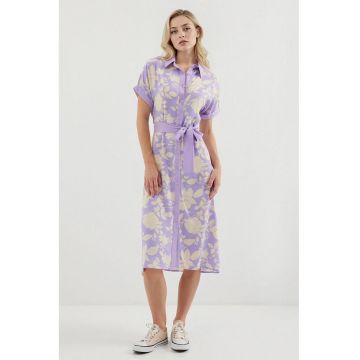 Rochie midi dama HiCCUP - imprimeu floral - viscoza - violet/crem
