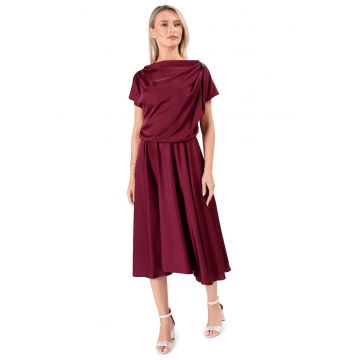 Rochie midi din satin elastic cu decolteu barcuta - Rosu prafuit