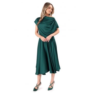 Rochie midi din satin elastic cu decolteu barcuta - Verde padure