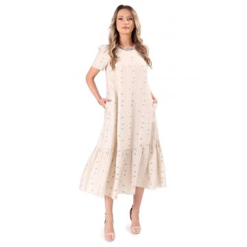 Rochie midi din viscoza cu in si fir metalic - Bej