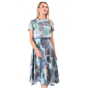Rochie midi eleganta din viscoza satinata imprimata cu motive geometrice - Albastru deschis