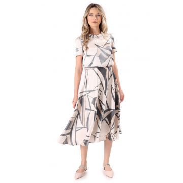 Rochie midi eleganta din viscoza satinata imprimata cu motive geometrice - Bej