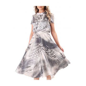 Rochie midi eleganta din viscoza satinata imprimata cu motive geometrice - Gri