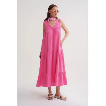 Rochie Midi -  fara maneci - decolteu in V - roz aprins - bumbac