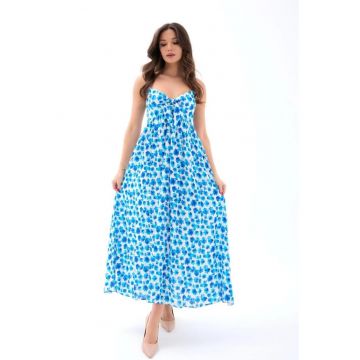 Rochie midi -  florala - albastra - poliester-bumbac