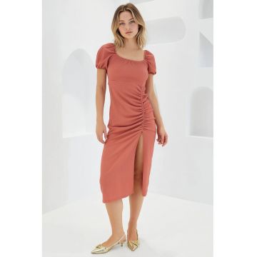 Rochie midi tricotata dama HiCCUP - decolteu patrat - poliester/lycra - rosu