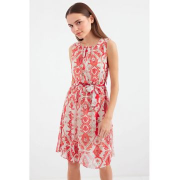 Rochie mini dama HiCCUP - decolteu rotund - poliester - alb/rosu