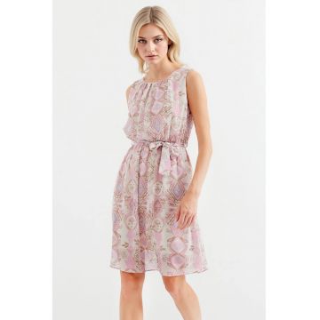 Rochie mini dama HiCCUP - decolteu rotund - poliester - alb/roz