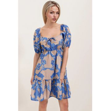 Rochie mini dama - HiCCUP - forma A - decolteu patrat - bumbac/poliester - bej/albastru