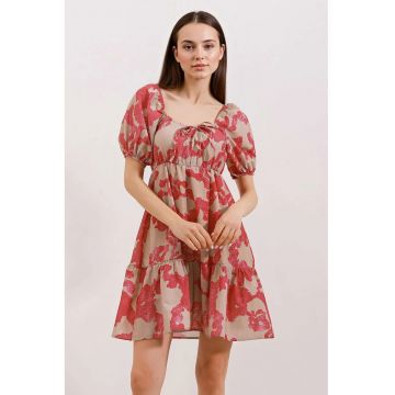 Rochie mini dama - HiCCUP - forma A - decolteu patrat - bumbac/poliester - roz/bej