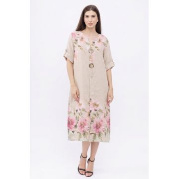 Rochie oversize din in, cu nasturi pe piept, bej cu imprimeu floral pastelat