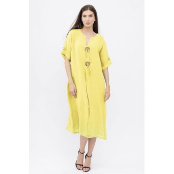 Rochie oversize din in, cu nasturi pe piept, galben pai