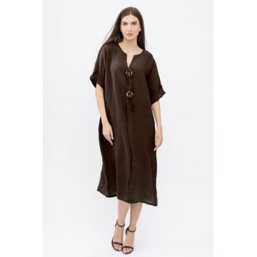 Rochie oversize din in, cu nasturi pe piept, maro