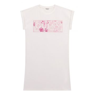 Rochie-tricou cu maneci rulate - Alb/Roz zmeuriu