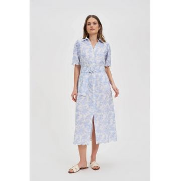 Rochie Alba din Bumbac cu Cureaua - Albastru