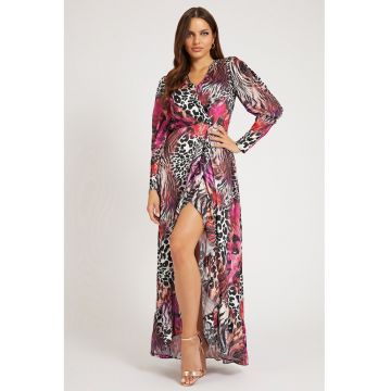 Rochie asimetrica cu animal print - Negru/Fucsia/Alb murdar
