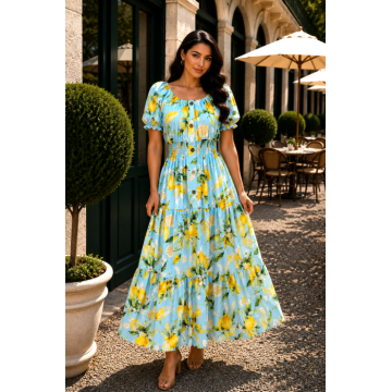 Rochie bleu lunga de vara imprimata cu lamai