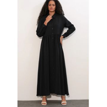 Rochie-camasa -  casual - maneca lunga - negru - viscoza/nylon