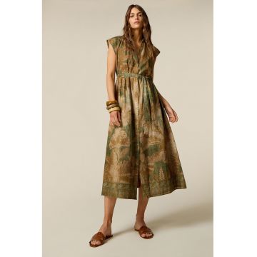Rochie-camasa cu guler tunica si model - Verde/Maro