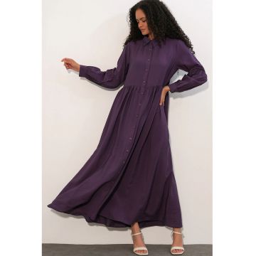 Rochie camasa Maxi  casual - maneca lunga - ametist violet - viscoza/nylon -