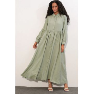Rochie-camasa Maxi  casual - verde salvie - maneca lunga - croiala lejera - 84% viscoza -