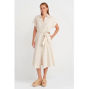 Rochie camasa midi -  casual - cu curea - crem natural - viscoza/bumbac/in