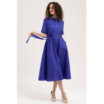 Rochie-camasa midi evazata cu buzunare laterale - Albastru royal